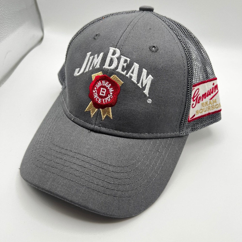 Jim Beam Bourbon Whiskey Trucker Hat Gray Mesh Snapback Baseball Cap Logo Patch